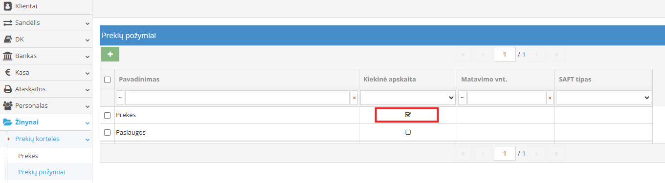 Prekių požymio su kiekinės apskaitos parinkimu langas